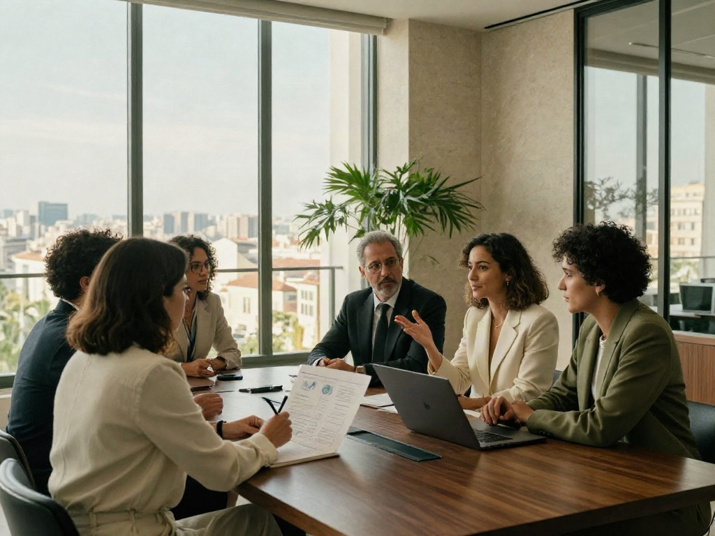 Business professionals discussing strategy and performance data in a sunlit boardroom